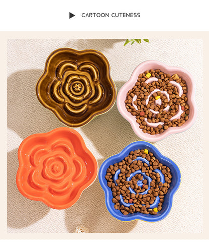 Green and Brown Ceramic Slow Feeder Pet Bowl for Cats and Small Dogs - Anti-Choke Elevated Design with 15-Degree Tilted Rim