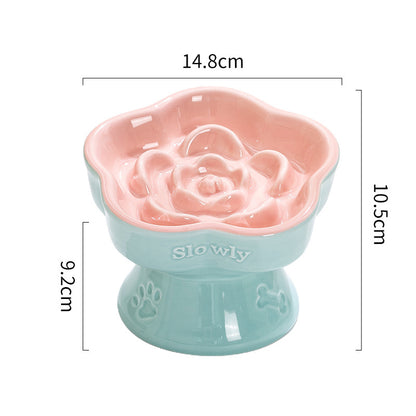 Blue and Pink Ceramic Slow Feeder Pet Bowl for Cats and Small Dogs - Anti-Choke Elevated Design with 15-Degree Tilted Rim