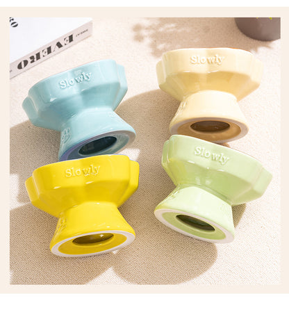 Blue and Pink Ceramic Slow Feeder Pet Bowl for Cats and Small Dogs - Anti-Choke Elevated Design with 15-Degree Tilted Rim