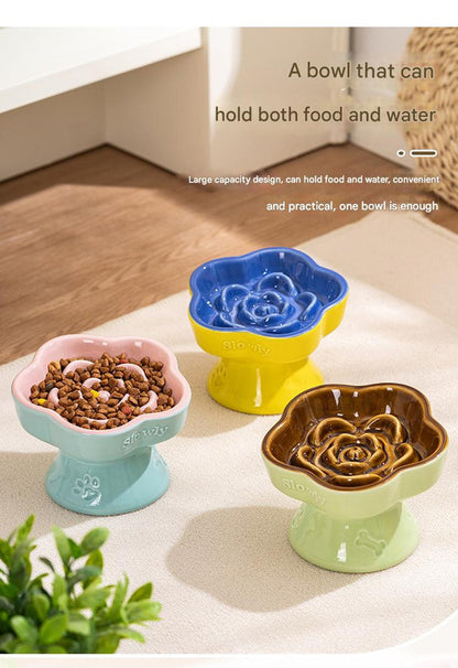 Blue and Pink Ceramic Slow Feeder Pet Bowl for Cats and Small Dogs - Anti-Choke Elevated Design with 15-Degree Tilted Rim