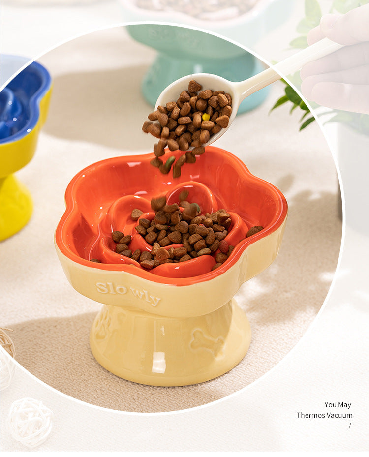 Yellow and Blue Ceramic Slow Feeder Pet Bowl for Cats and Small Dogs - Anti-Choke Elevated Design with 15-Degree Tilted Rim