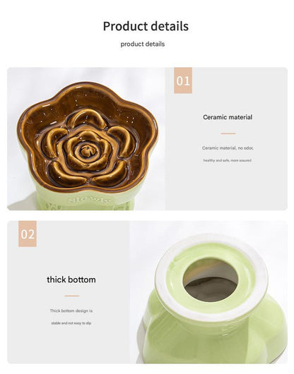 Yellow and Blue Ceramic Slow Feeder Pet Bowl for Cats and Small Dogs - Anti-Choke Elevated Design with 15-Degree Tilted Rim