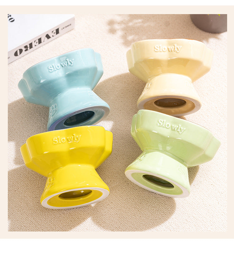 Khaki and Orange Ceramic Slow Feeder Pet Bowl for Cats and Small Dogs - Anti-Choke Elevated Design with 15-Degree Tilted Rim