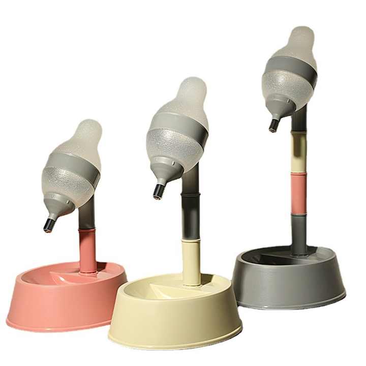 Grey Base Adjustable Height Pet Water Dispenser with Food Bowl Base - Non-Drip Bottle Feeder Station for Dogs & Cats