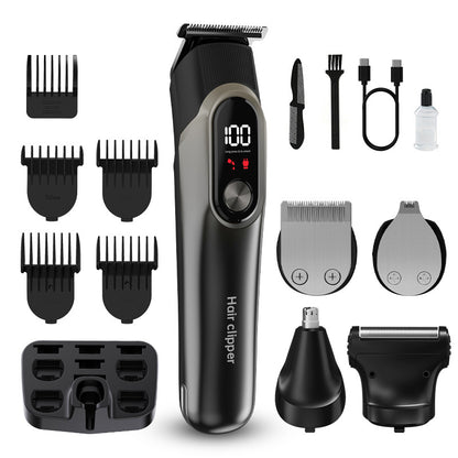 Grey 5-in-1 Digital Display Hair Clipper Set - Adjustable Multifunctional Trimmer for Hair, Beard, and Precision Grooming