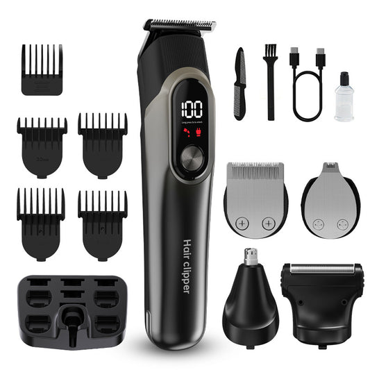 Grey 5-in-1 Digital Display Hair Clipper Set - Adjustable Multifunctional Trimmer for Hair, Beard, and Precision Grooming
