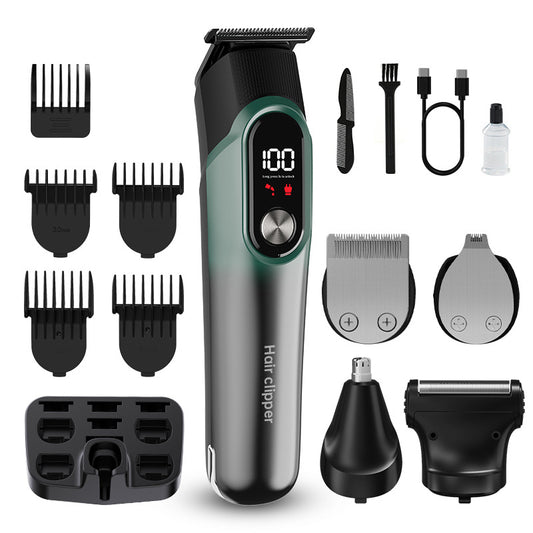 Green 5-in-1 Digital Display Hair Clipper Set - Adjustable Multifunctional Trimmer for Hair, Beard, and Precision Grooming