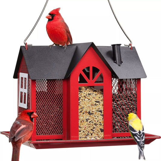 Charming House-Shaped Hanging Bird Feeder - Durable Metal Design for Wild Birds(red)
