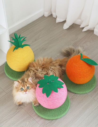Pink Strawberry And Green Base Fun Fruit Shaped Sisal Cat Scratcher Ball - Durable Scratching Toy with Stable Base