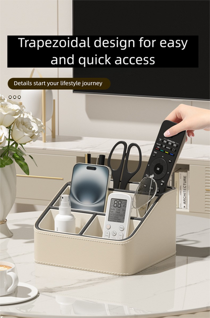 White and Black Stylish PU Leather Desktop Organizer Caddy - Multi-Compartment Holder for Remotes, Office Supplies, Makeup