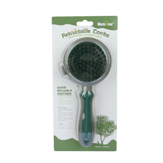 Green And Grey Dual-Sided Pet Grooming Brush - Self-Cleaning Slicker & Gentle Massage Bath Comb for Dogs & Cats