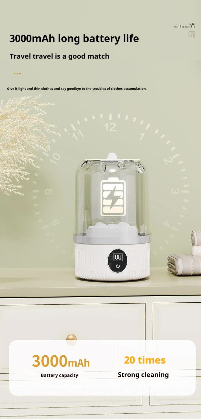 White Portable Mini Washing Machine - Rechargeable USB-C Electric Washer for Travel, Delicates & Socks