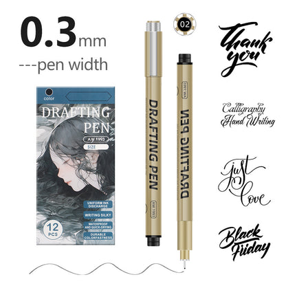 0.35mm 12-Piece Precision Drawing Pen Set - Waterproof Anime Sketching Pens for Students, Assorted Tips