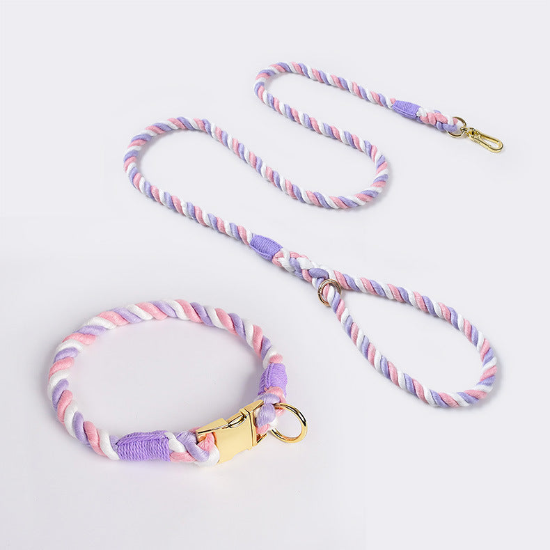 Handmade Rope Dog Collar and Leash Set - Colorful Woven Cotton Cotton (Pink purple - Size L)