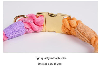 Handmade Rope Dog Collar and Leash Set - Colorful Woven Cotton (Pink - Size L)