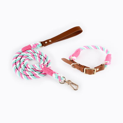 Premium Leather Pet Collar and Leash - Soft, Strong Braided Rope (Pink green - Size M)