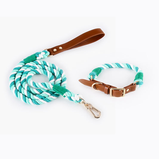 Premium Leather Pet Collar and Leash - Soft, Strong Braided Rope (Double green - Size M)