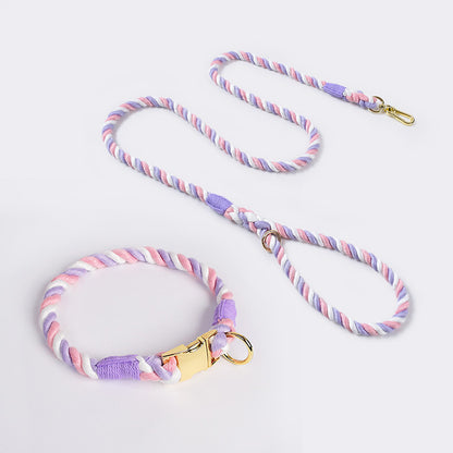 Handmade Rope Dog Collar and Leash Set - Colorful Woven Cotton Cotton (Pink purple - Size XL)