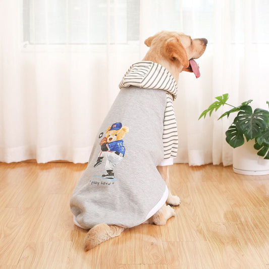 Autumn/Winter Dog Clothes - Grey Hoodie with Striped Hood & Baseball Bear (Size - 3XL)