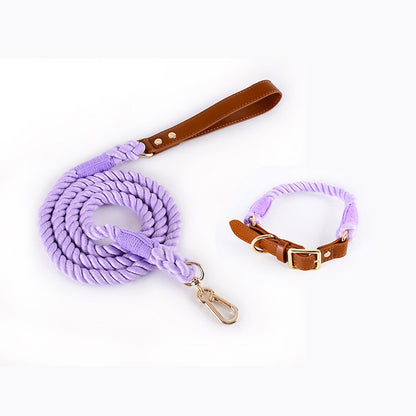 Premium Leather Pet Collar and Leash - Soft, Strong Braided Rope (Purple - Size L)
