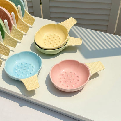 Yellow Adorable Ice Cream Cone Ceramic Slow Feeder Pet Bowl - Fun Anti-Gulp Design for Cats & Dogs