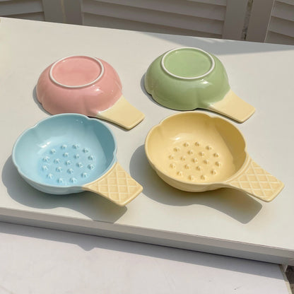 Pink and Yellow Adorable Ice Cream Cone Ceramic Slow Feeder Pet Bowl - Fun Anti-Gulp Design for Cats & Dogs