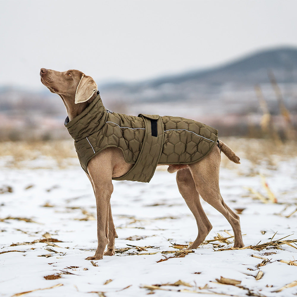 Size 2XL Olive Green Warm Quilted Dog Winter Coat - Adjustable Fleece-Lined Puffer Vest with Reflective Trim & Leash Port
