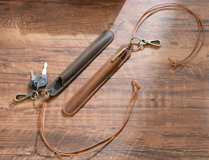 Green Vintage Top-Grain Leather Pen Sleeve Holder with Neck Strap - Protective Single Pen Case