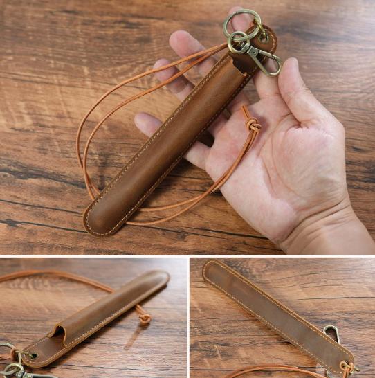 Green Vintage Top-Grain Leather Pen Sleeve Holder with Neck Strap - Protective Single Pen Case