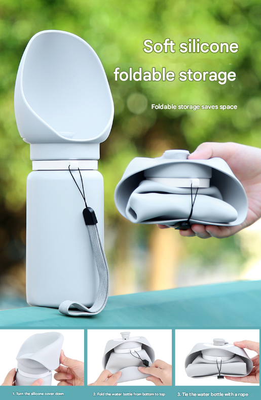 Grey Portable Pet Dog Water Bottle 550ml - Foldable Food-Grade Silicone Travel Drinker with Leak-Proof Dispenser