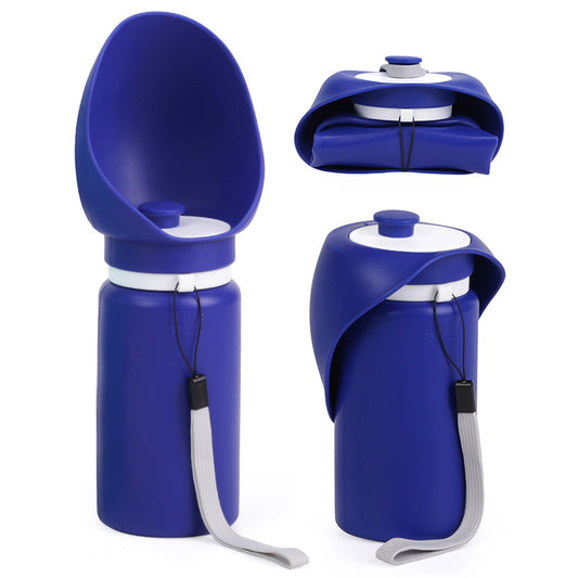 Dark Blue Portable Pet Dog Water Bottle 550ml - Foldable Food-Grade Silicone Travel Drinker with Leak-Proof Dispenser