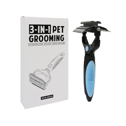 Blue and Black Professional 3-in-1 Pet Grooming Tool - Dematting Rake, Deshedding Comb & Finishing Brush for Dogs & Cats