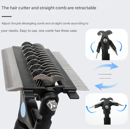 Blue and Black Professional 3-in-1 Pet Grooming Tool - Dematting Rake, Deshedding Comb & Finishing Brush for Dogs & Cats