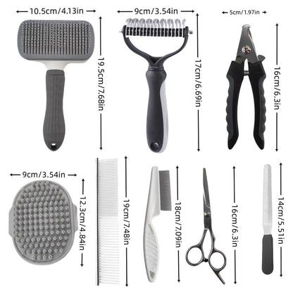 Grey Professional 9-Piece Pet Grooming Kit - DeShedding Brushes, Nail Clippers, Combs & Scissors Set for Dogs, Cats & Rabbits with Storage Bag