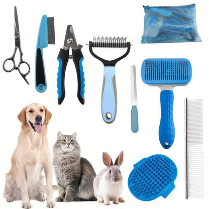 Blue Professional 9-Piece Pet Grooming Kit - DeShedding Brushes, Nail Clippers, Combs & Scissors Set for Dogs, Cats & Rabbits with Storage Bag