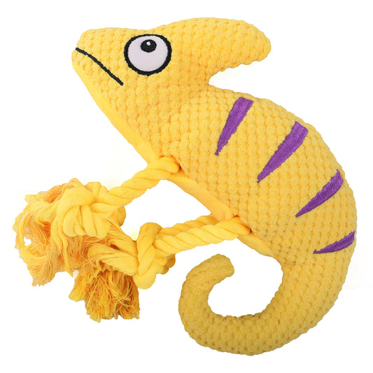 2 Pcs Yellow Interactive Plush Chameleon Dog Toy with Squeaker & Rope Legs - Durable Chew Toy for Medium/Large Dogs, Teeth Cleaning Texture, Machine Washable (10.2in)