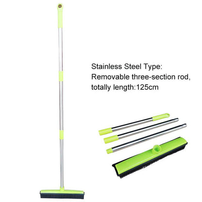 Green and Silver Versatile Pet Hair Remover Rubber Broom & Squeegee - 125cm Adjustable Stainless Steel Handle for Carpets, Floors & Windows