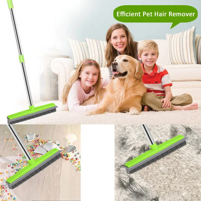 Green and Silver Versatile Pet Hair Remover Rubber Broom & Squeegee - 125cm Adjustable Stainless Steel Handle for Carpets, Floors & Windows