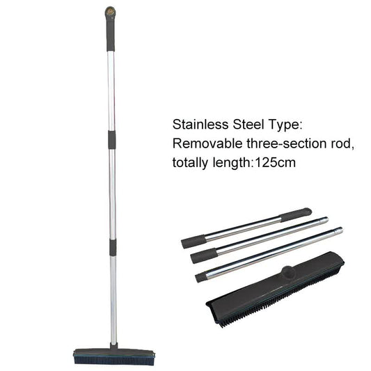 Black and Silver Versatile Pet Hair Remover Rubber Broom & Squeegee - 125cm Adjustable Stainless Steel Handle for Carpets, Floors & Windows