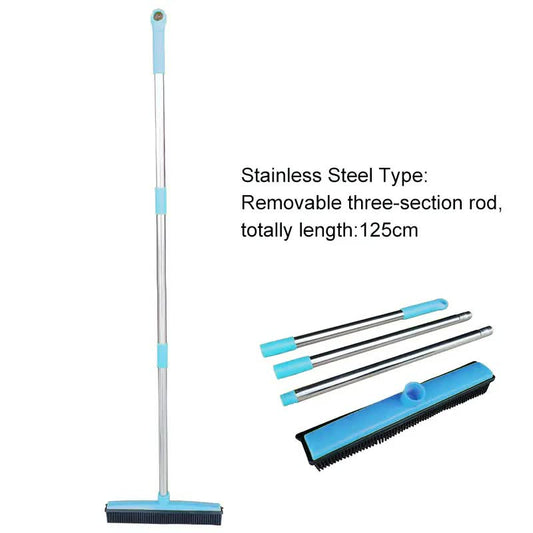 Blue and Silver Versatile Pet Hair Remover Rubber Broom & Squeegee - 125cm Adjustable Stainless Steel Handle for Carpets, Floors & Windows