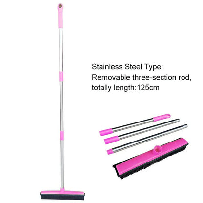 Pink and Silver Versatile Pet Hair Remover Rubber Broom & Squeegee - 125cm Adjustable Stainless Steel Handle for Carpets, Floors & Windows