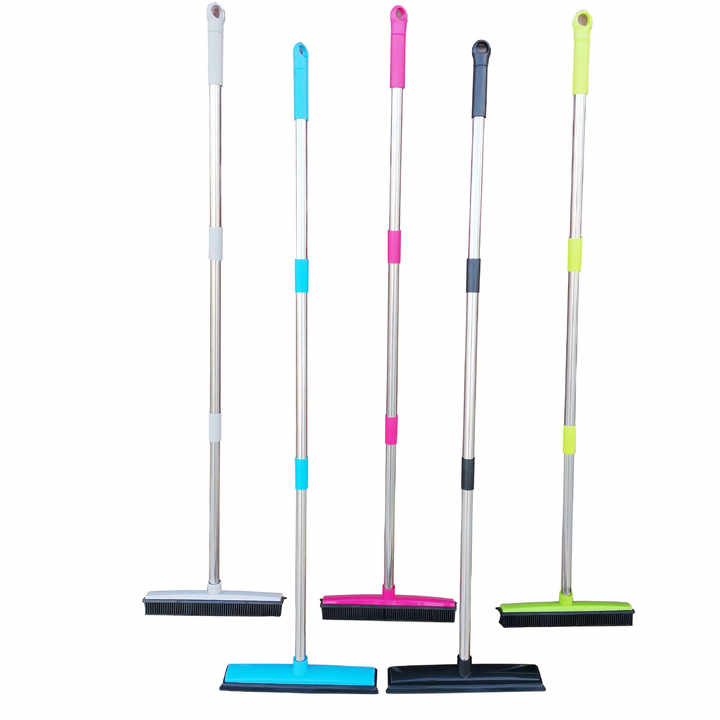 Pink and Silver Versatile Pet Hair Remover Rubber Broom & Squeegee - 125cm Adjustable Stainless Steel Handle for Carpets, Floors & Windows