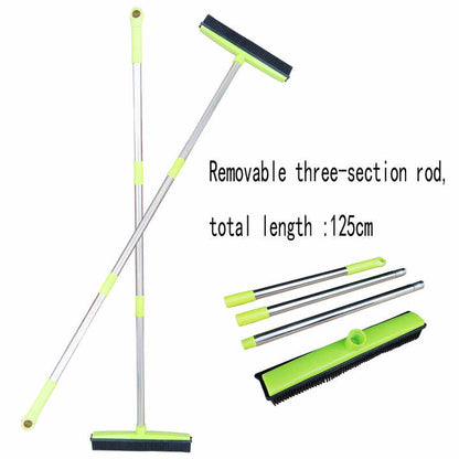 Light Grey and Silver Versatile Pet Hair Remover Rubber Broom & Squeegee - 125cm Adjustable Stainless Steel Handle for Carpets, Floors & Windows