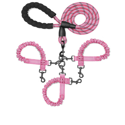 Pink 3-in-1 Tangle-Free Dog Leash for 1-3 Dogs - Heavy Duty Bungee Coupler with Reflective Stitching & Padded Handle