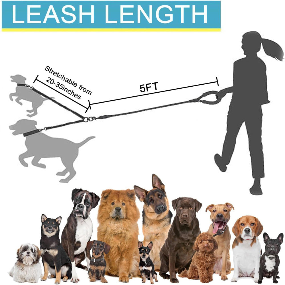 Grey 3-in-1 Tangle-Free Dog Leash for 1-3 Dogs - Heavy Duty Bungee Coupler with Reflective Stitching & Padded Handle
