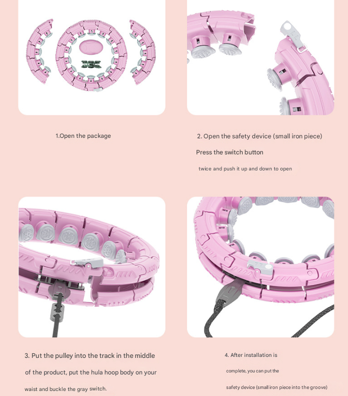 Rose Red 24 Sections Adjustable Smart Hula Hoop with Weighted Ball - Never-Fall Fitness Ring with Massage Nodes for Core Training