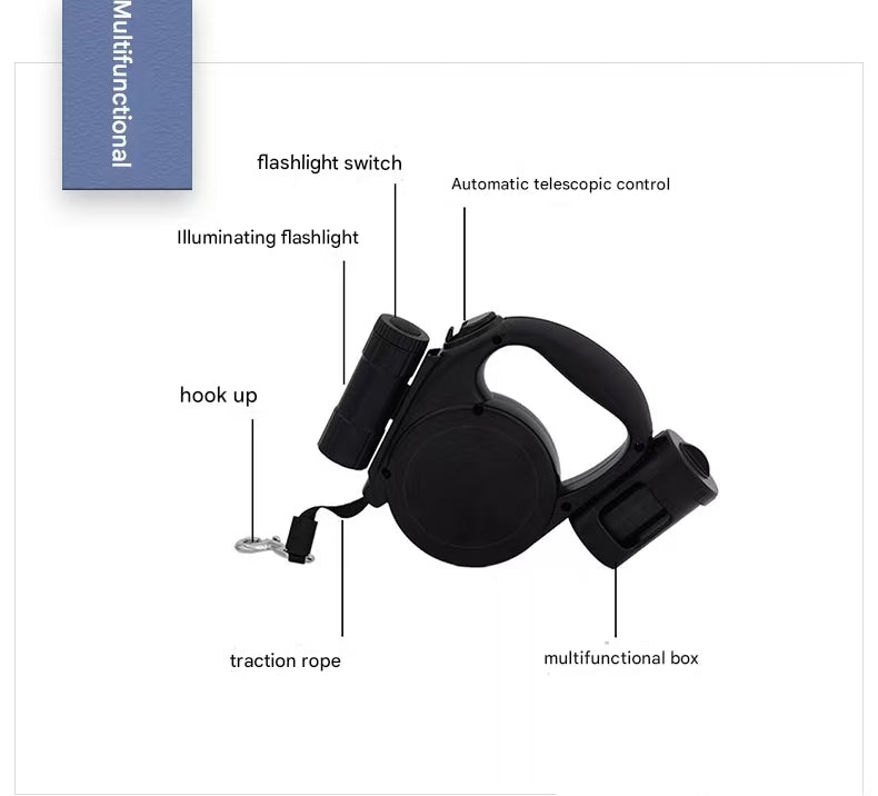 Blue 3-in-1 Retractable Dog Leash with LED Flashlight & Poop Bag Dispenser | Heavy Duty Tangle-Free Leash for Safe Night Walks