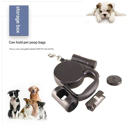 Grey 3-in-1 Retractable Dog Leash with LED Flashlight & Poop Bag Dispenser | Heavy Duty Tangle-Free Leash for Safe Night Walks