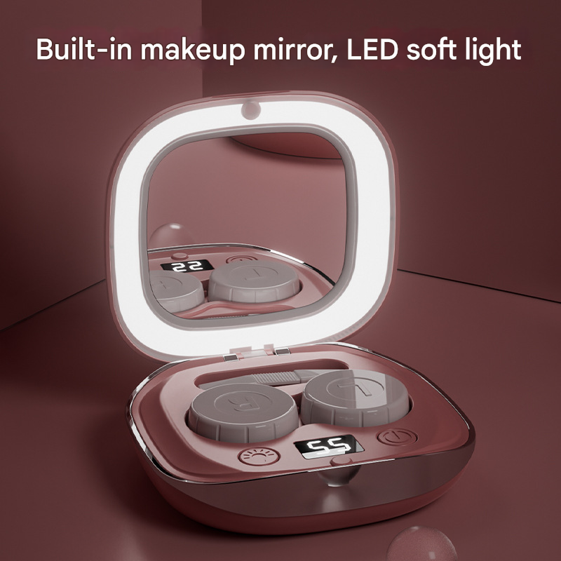Grey Portable Ultrasonic Contact Lens Cleaner - Automatic Electric Cleaning Case with LED Makeup Mirror, USB Rechargeable for Travel & Home