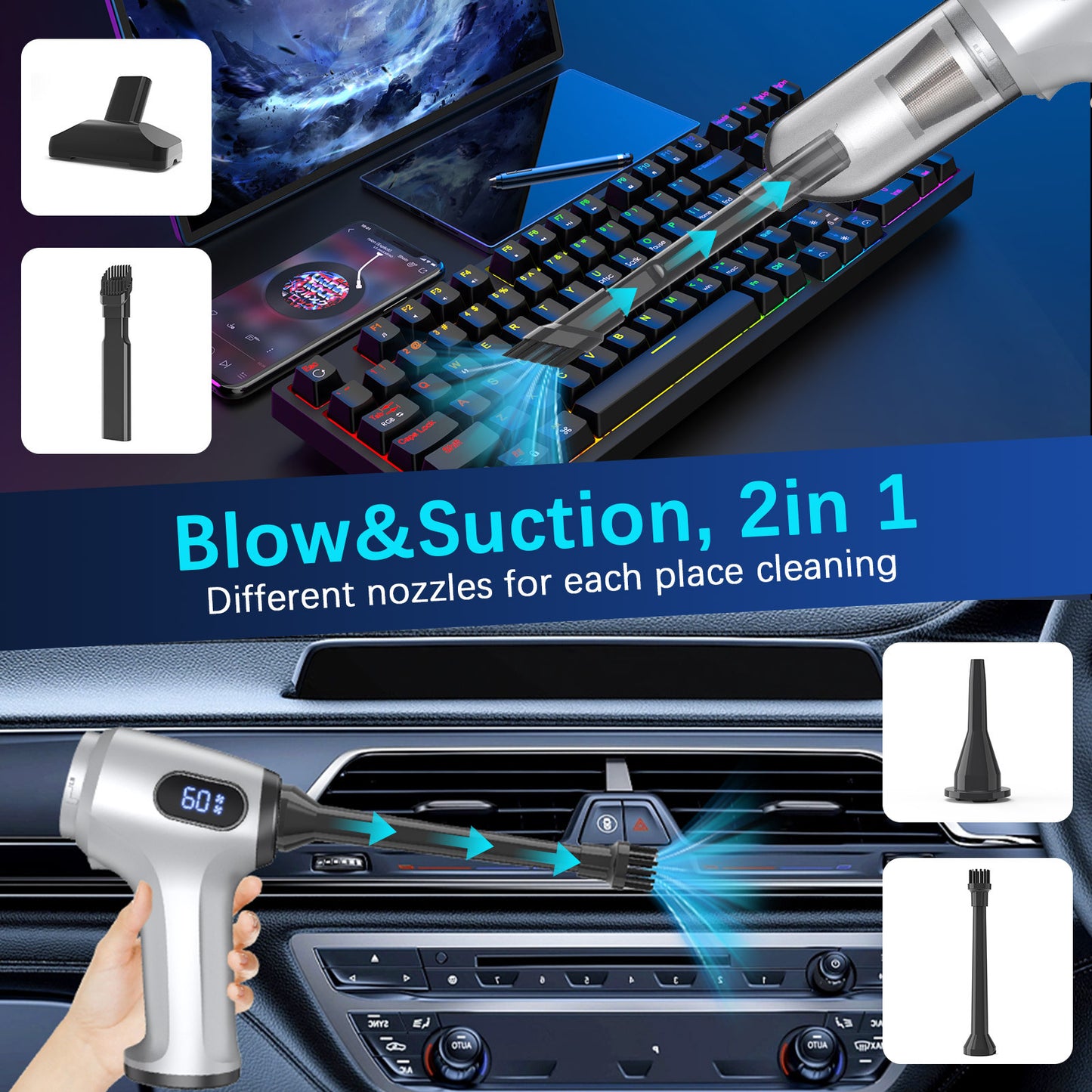 2-in-1 Cordless Handheld Vacuum & Air Duster - 12000Pa Suction, 70000 RPM, LED Light, USB-C Rechargeable(Silver)